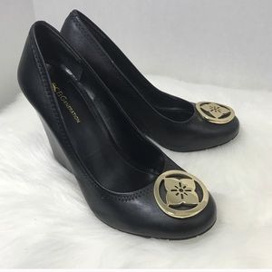 BCBG Black Leather Wedges